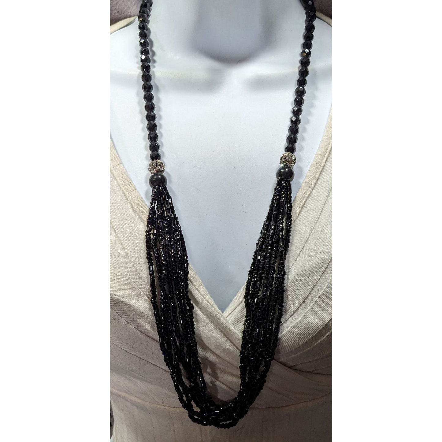 Glam Goth Black Multi-Strand Beaded Necklace With Crystal Accents