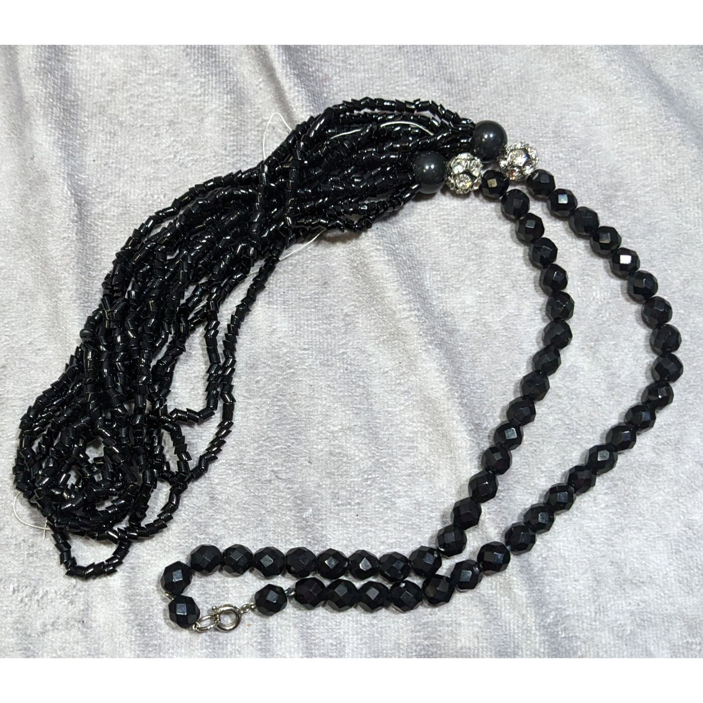 Glam Goth Black Multi-Strand Beaded Necklace With Crystal Accents