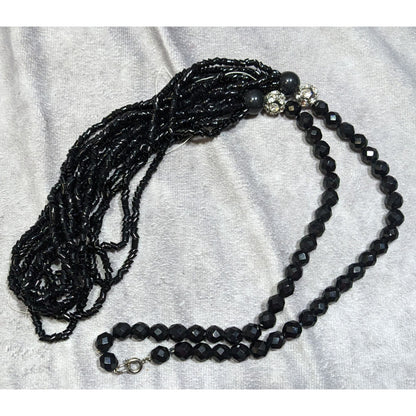 Glam Goth Black Multi-Strand Beaded Necklace With Crystal Accents