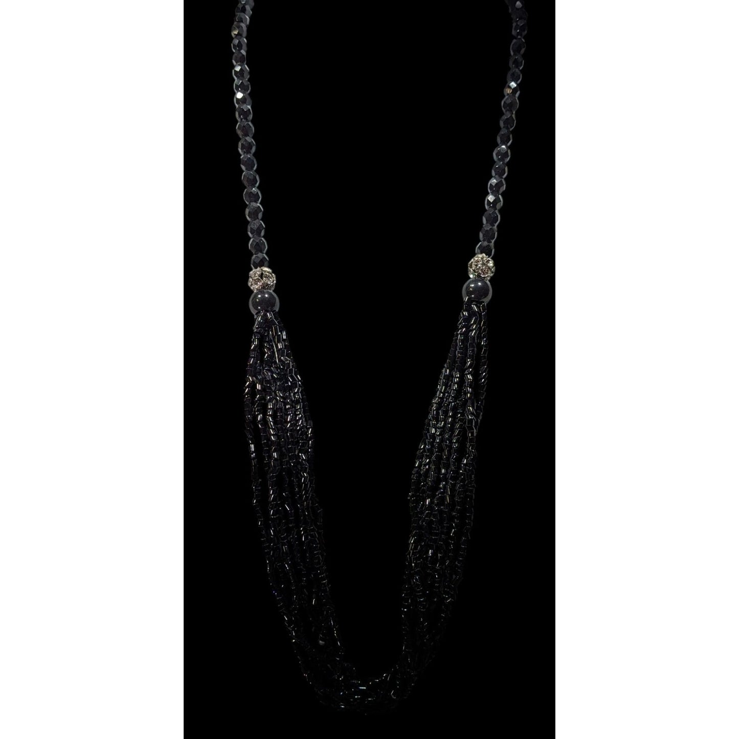 Glam Goth Black Multi-Strand Beaded Necklace With Crystal Accents