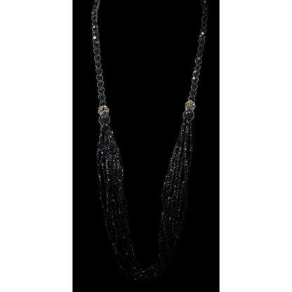 Glam Goth Black Multi-Strand Beaded Necklace With Crystal Accents
