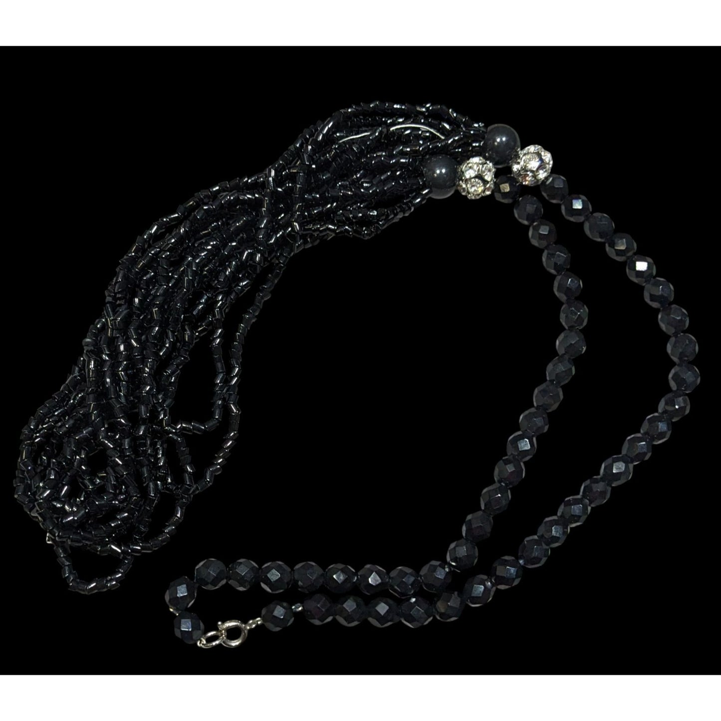 Glam Goth Black Multi-Strand Beaded Necklace With Crystal Accents