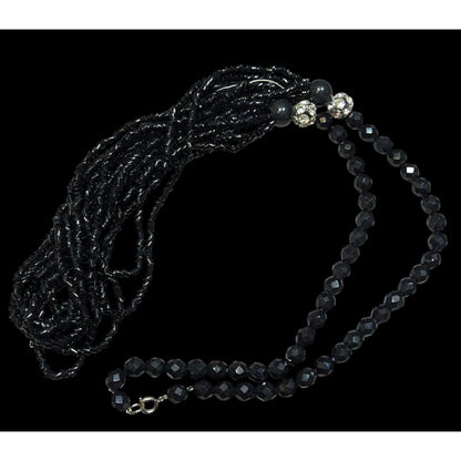 Glam Goth Black Multi-Strand Beaded Necklace With Crystal Accents