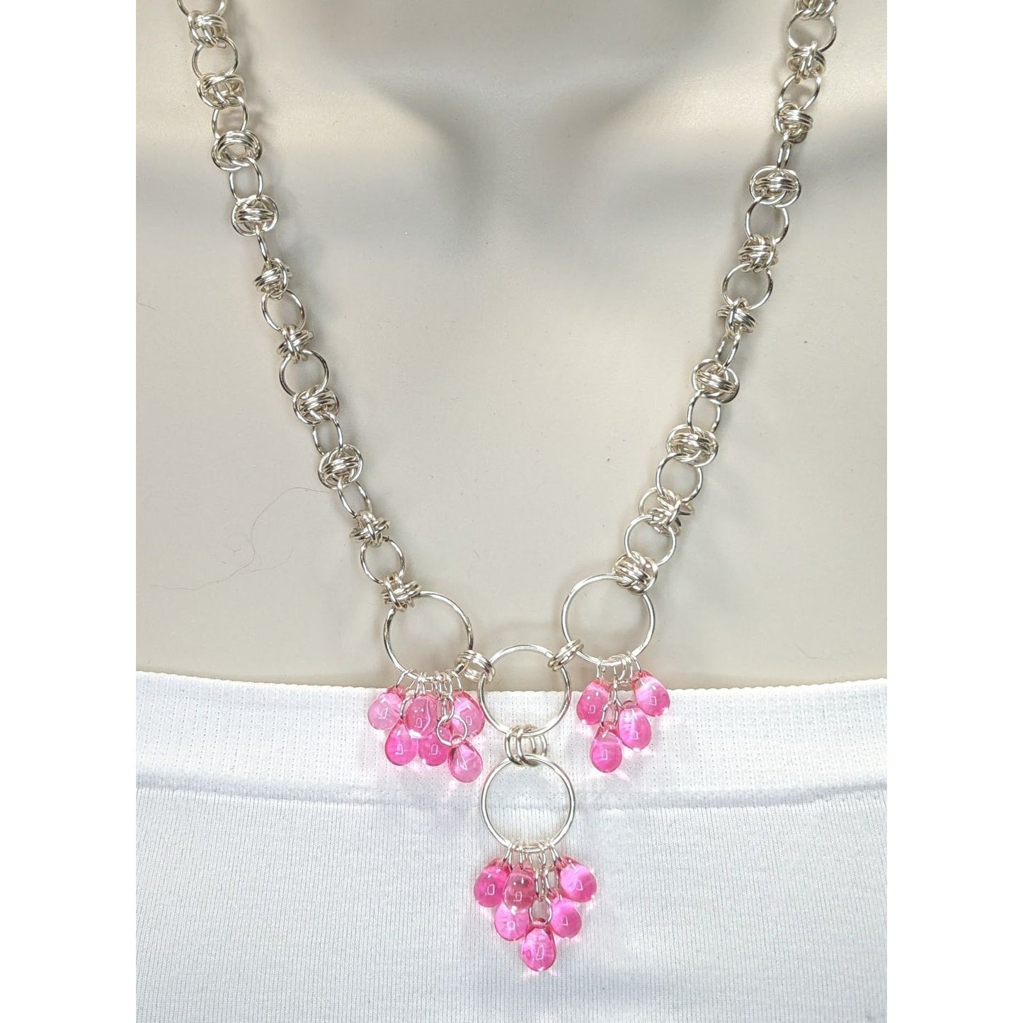 Handmade Coquette Silver Tone Chain Necklace With Pink Bead Drops