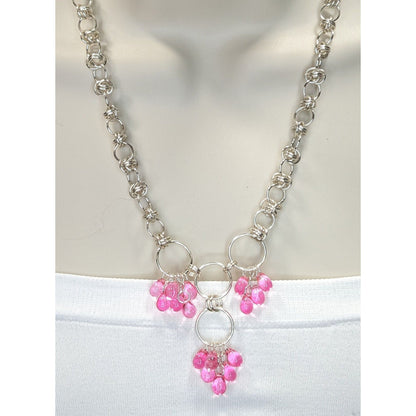 Handmade Coquette Silver Tone Chain Necklace With Pink Bead Drops