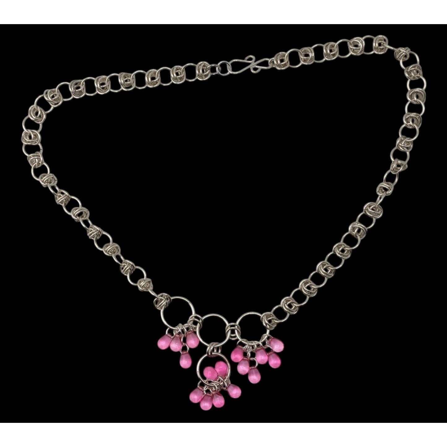 Handmade Coquette Silver Tone Chain Necklace With Pink Bead Drops