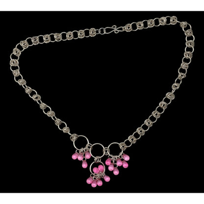 Handmade Coquette Silver Tone Chain Necklace With Pink Bead Drops