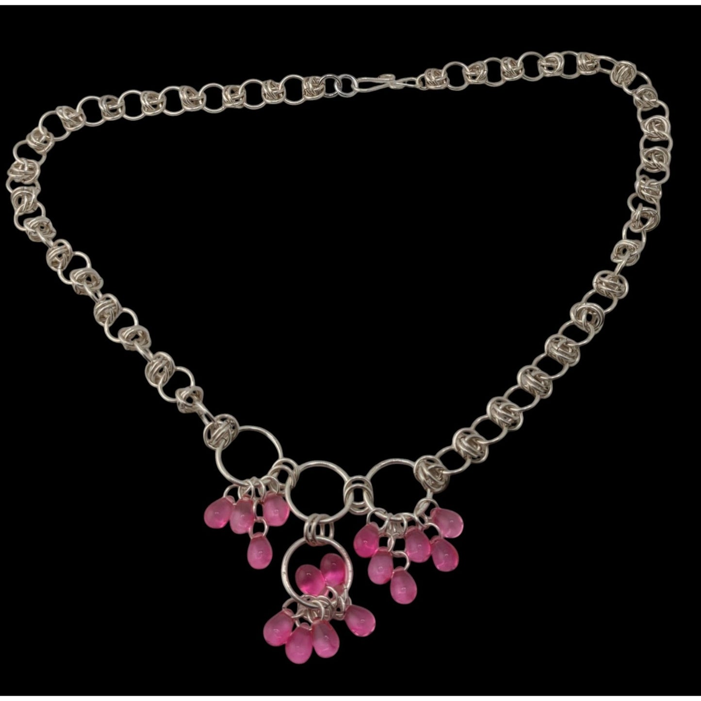 Handmade Coquette Silver Tone Chain Necklace With Pink Bead Drops