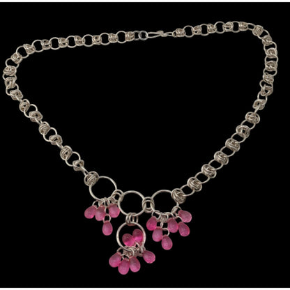 Handmade Coquette Silver Tone Chain Necklace With Pink Bead Drops