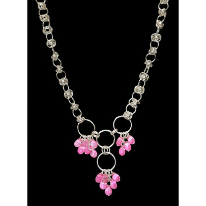 Handmade Coquette Silver Tone Chain Necklace With Pink Bead Drops