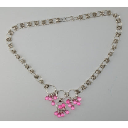 Handmade Coquette Silver Tone Chain Necklace With Pink Bead Drops