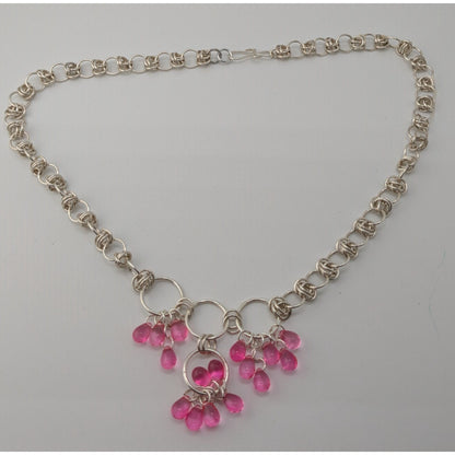 Handmade Coquette Silver Tone Chain Necklace With Pink Bead Drops