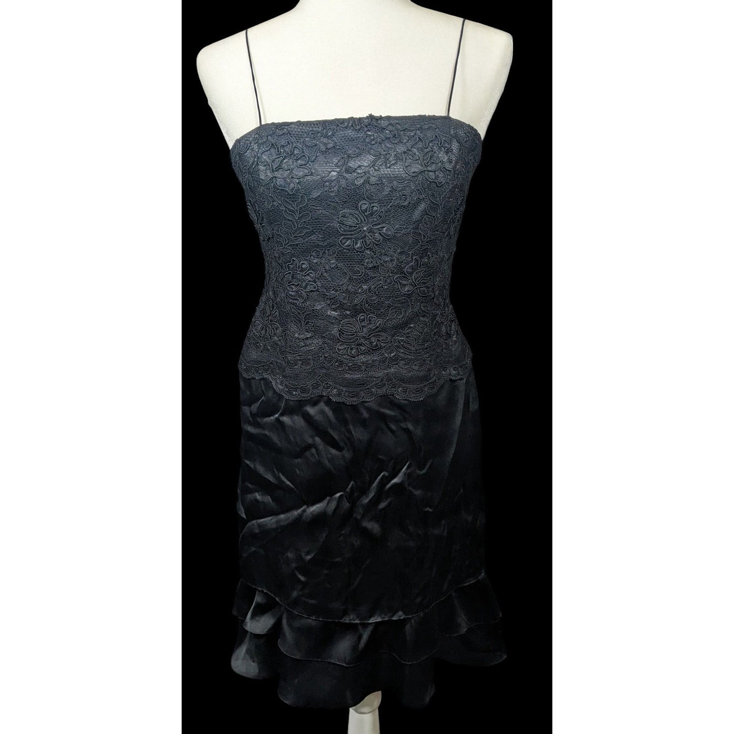 Linda Cunningham Black Silk Floral Lace Flounce Skirt Dress Size 6