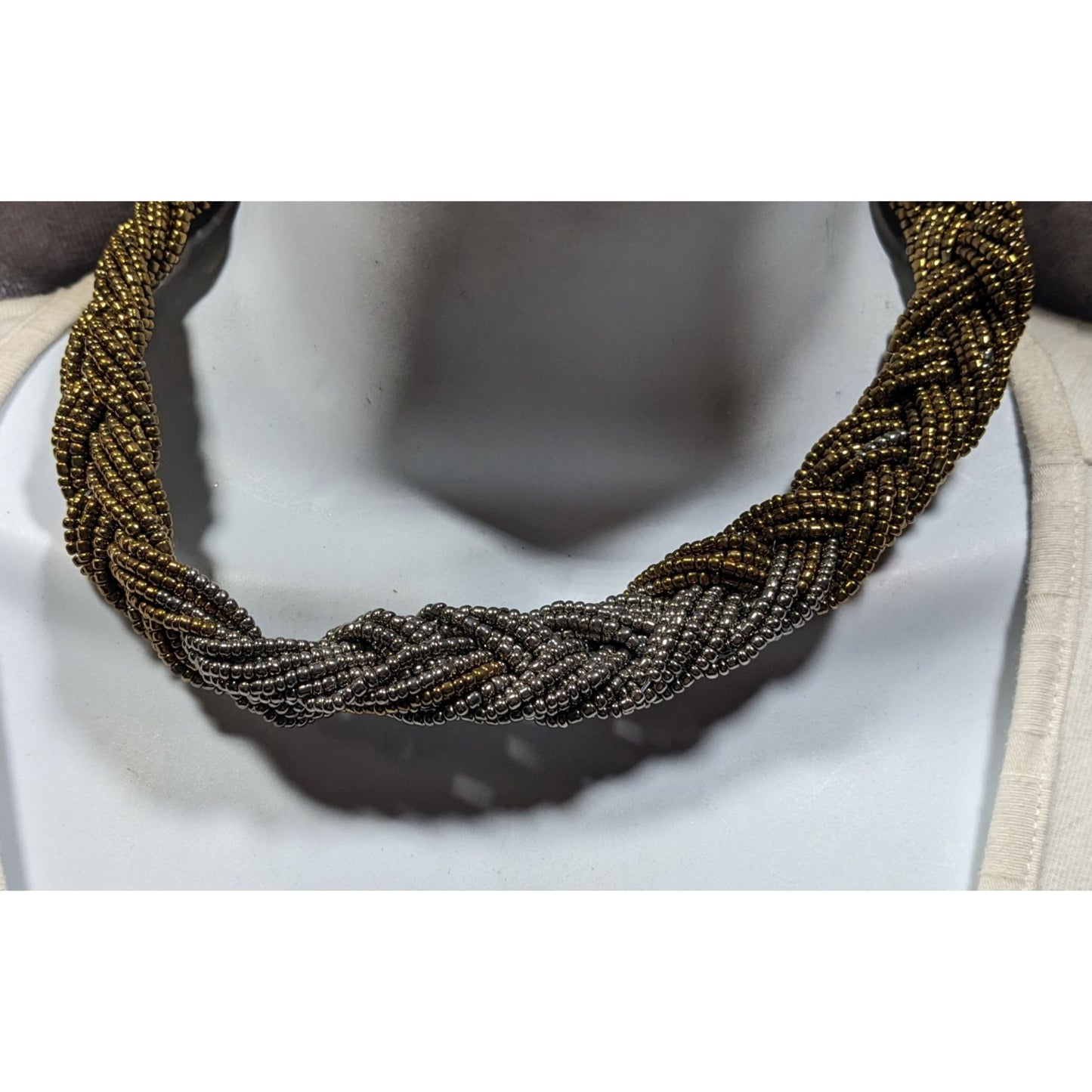 Vintage Silver And Gold Tone Braided Glass Bead Necklace