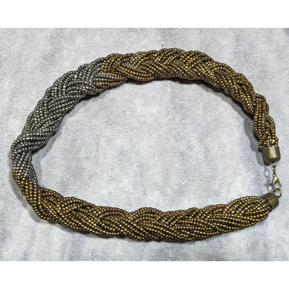 Vintage Silver And Gold Tone Braided Glass Bead Necklace