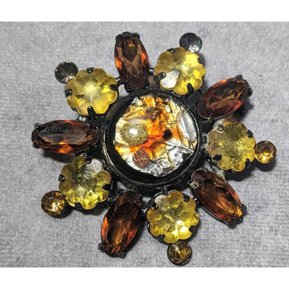 Vintage Unique Art Glass Floral Gemmed Brooch