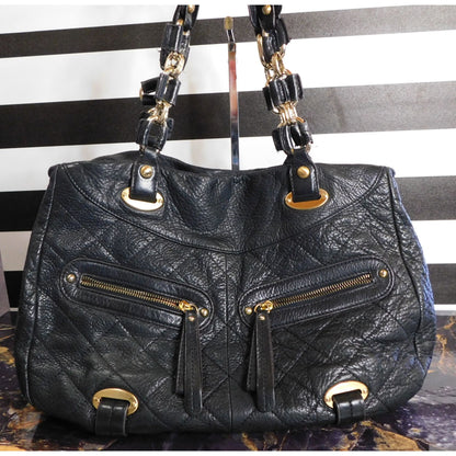 B. Makowsky Black Genuine Leather Quilted Purse With Gold Hardware & Leopard Print Lining