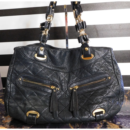 B. Makowsky Black Genuine Leather Quilted Purse With Gold Hardware & Leopard Print Lining