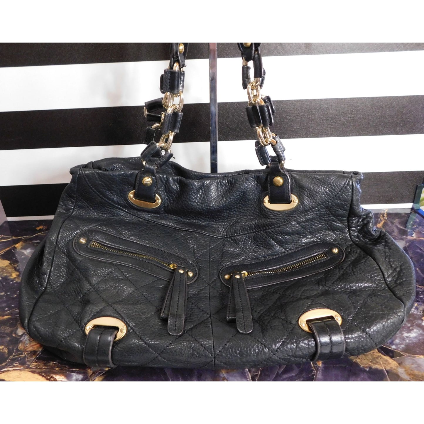 B. Makowsky Black Genuine Leather Quilted Purse With Gold Hardware & Leopard Print Lining
