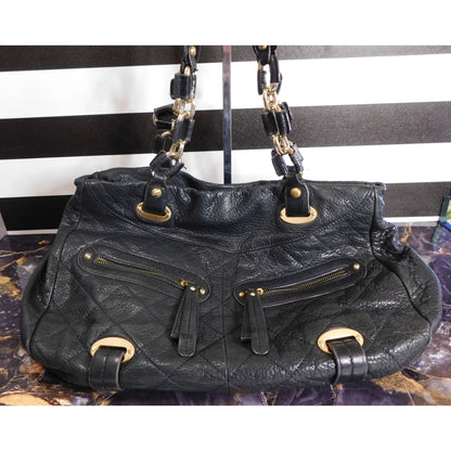 B. Makowsky Black Genuine Leather Quilted Purse With Gold Hardware & Leopard Print Lining