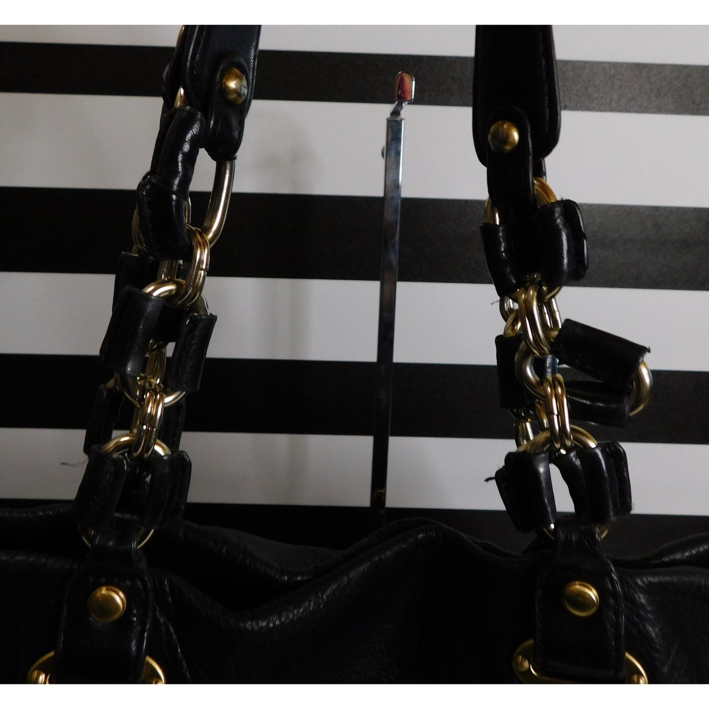 B. Makowsky Black Genuine Leather Quilted Purse With Gold Hardware & Leopard Print Lining