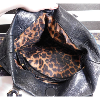B. Makowsky Black Genuine Leather Quilted Purse With Gold Hardware & Leopard Print Lining