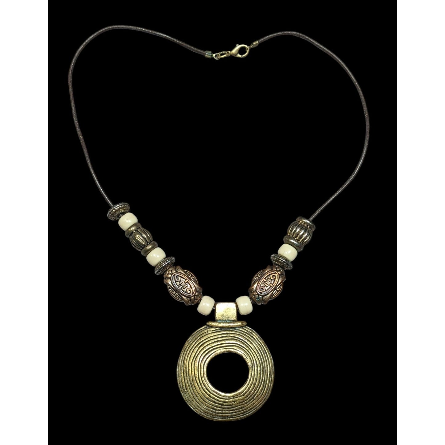 Vintage Brutalist Gold Tone And White Beaded Medallion Pendant Necklace