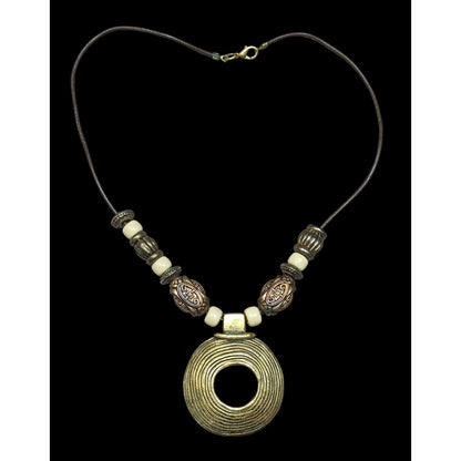 Vintage Brutalist Gold Tone And White Beaded Medallion Pendant Necklace