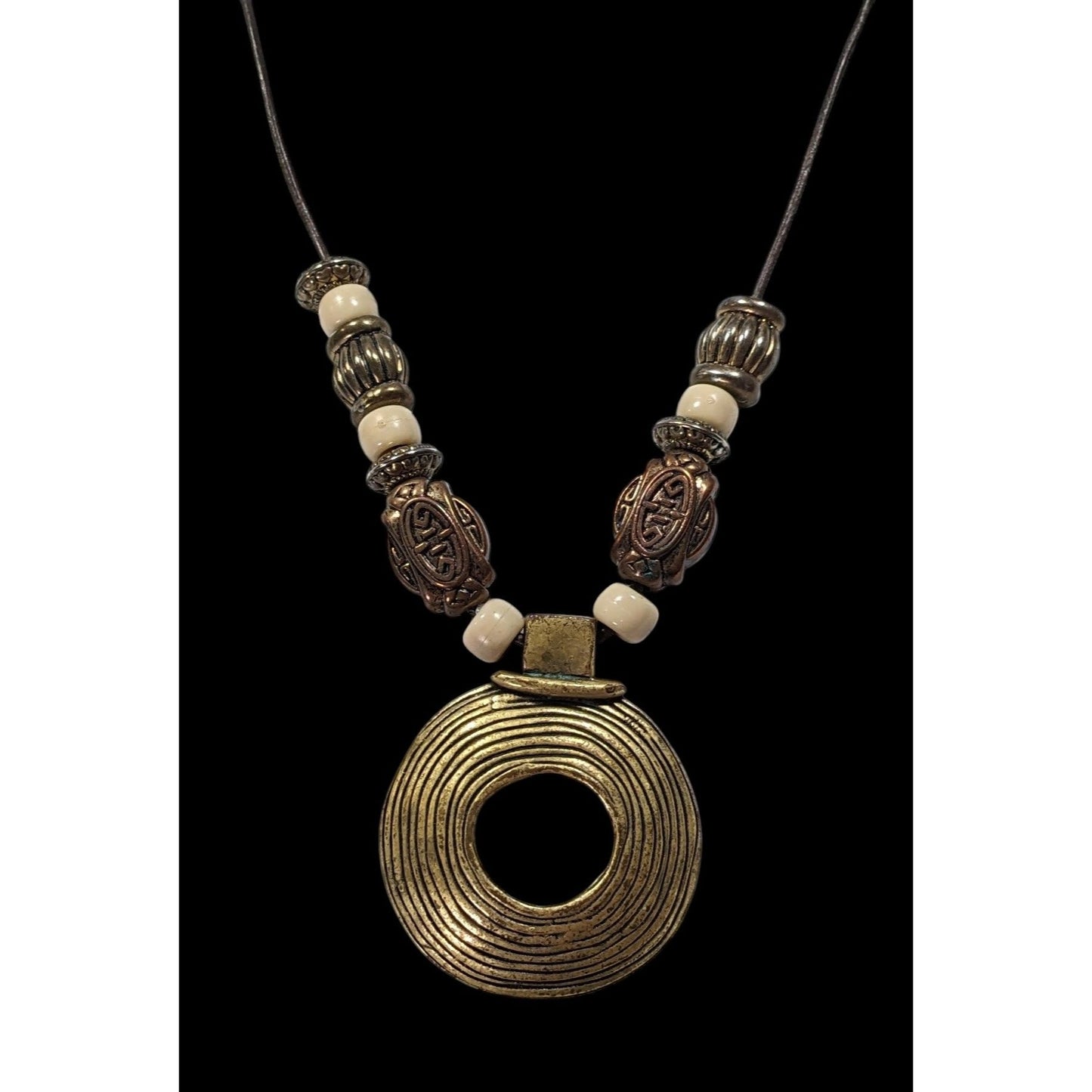 Vintage Brutalist Gold Tone And White Beaded Medallion Pendant Necklace