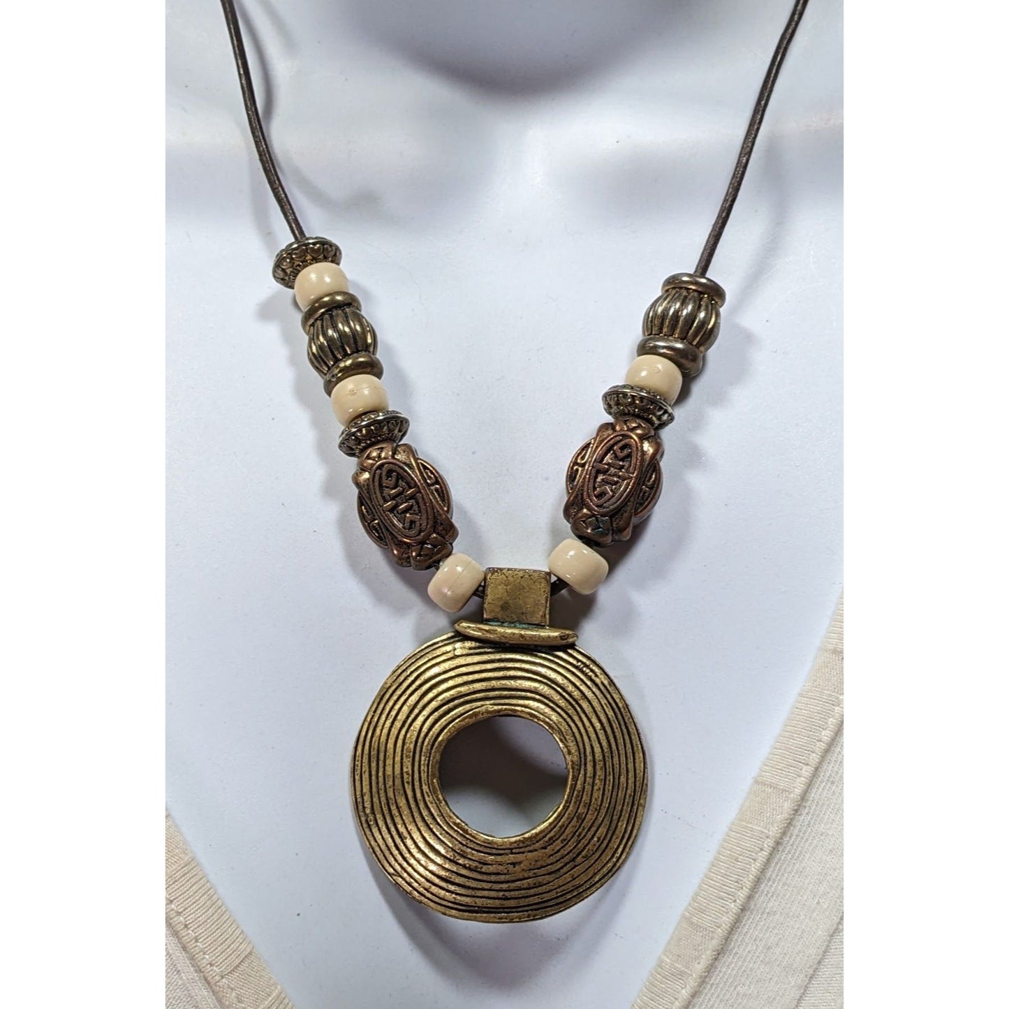 Vintage Brutalist Gold Tone And White Beaded Medallion Pendant Necklace