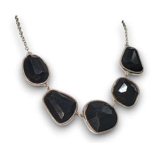 Vintage Avon Glam Goth Black Faceted Stone Statement Necklace Silver Tone Chunky