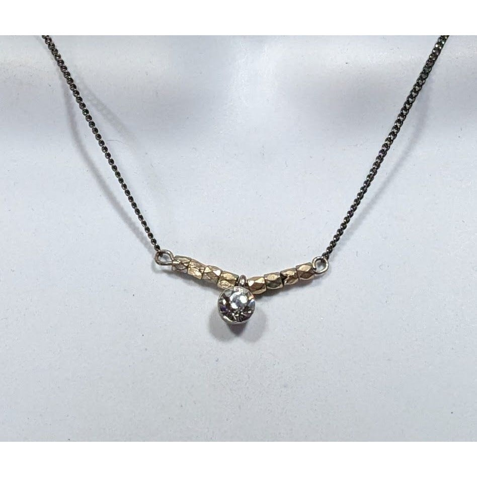 Minimalist Brutalist Silver And Gold Tone Rhinestone Pendant Necklace