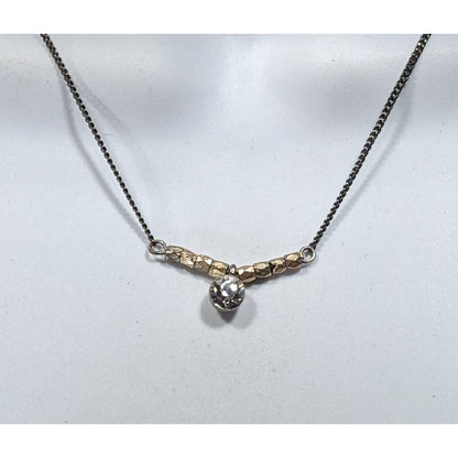 Minimalist Brutalist Silver And Gold Tone Rhinestone Pendant Necklace