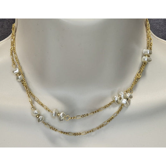 Elegant Gold-Tone Layered Necklace With Faux Pearl Accents & Lobster Clasp