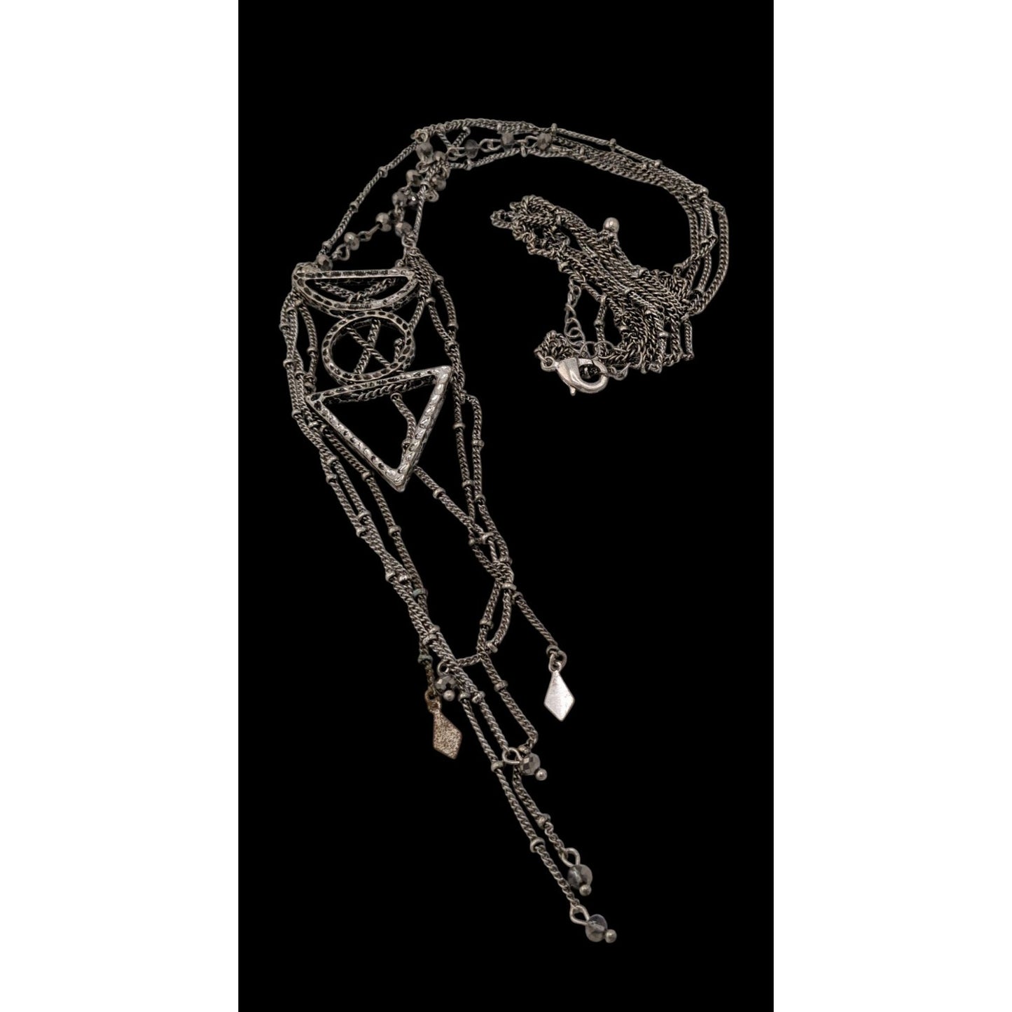 Bohemian Geometric Silver-Tone Layered Pendant Necklace Fringe