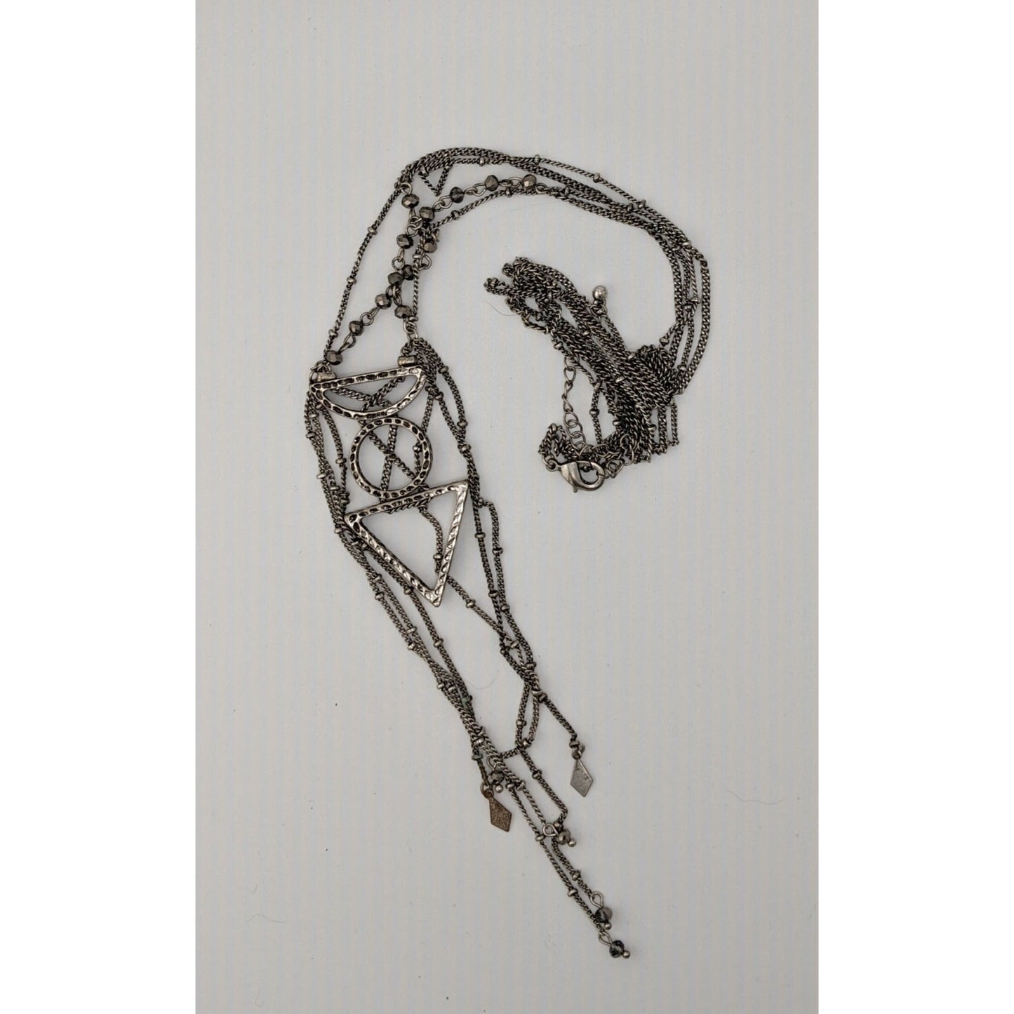 Bohemian Geometric Silver-Tone Layered Pendant Necklace Fringe