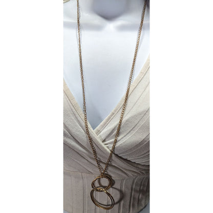 Casual Geometric Gold Tone Double Ring Pendant Necklace