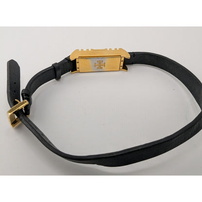 Tory Burch Gold Tone & Black Leather Fitbit Holder Wrap Bracelet