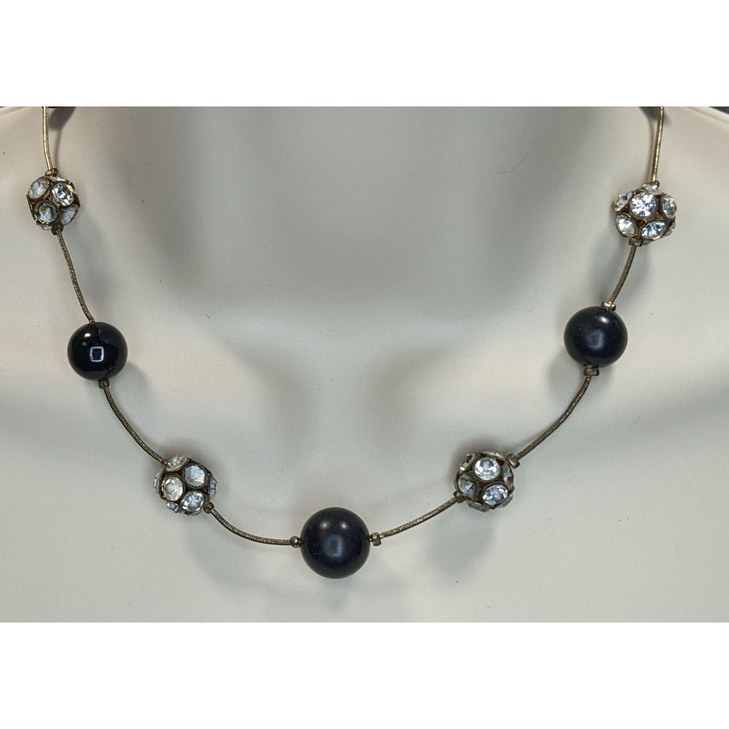 Black Silver Beaded Station Necklace Rhinestone Retro Glam Goth Jewelry
