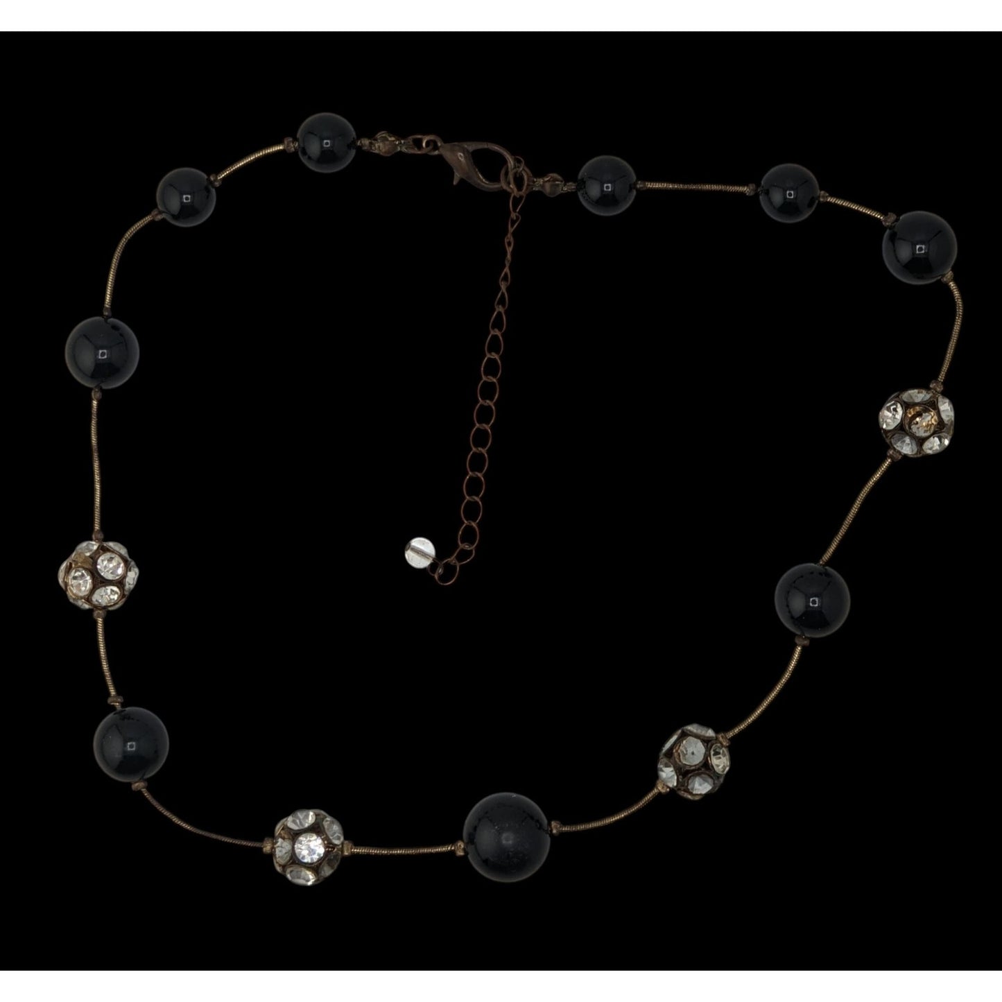 Black Silver Beaded Station Necklace Rhinestone Retro Glam Goth Jewelry