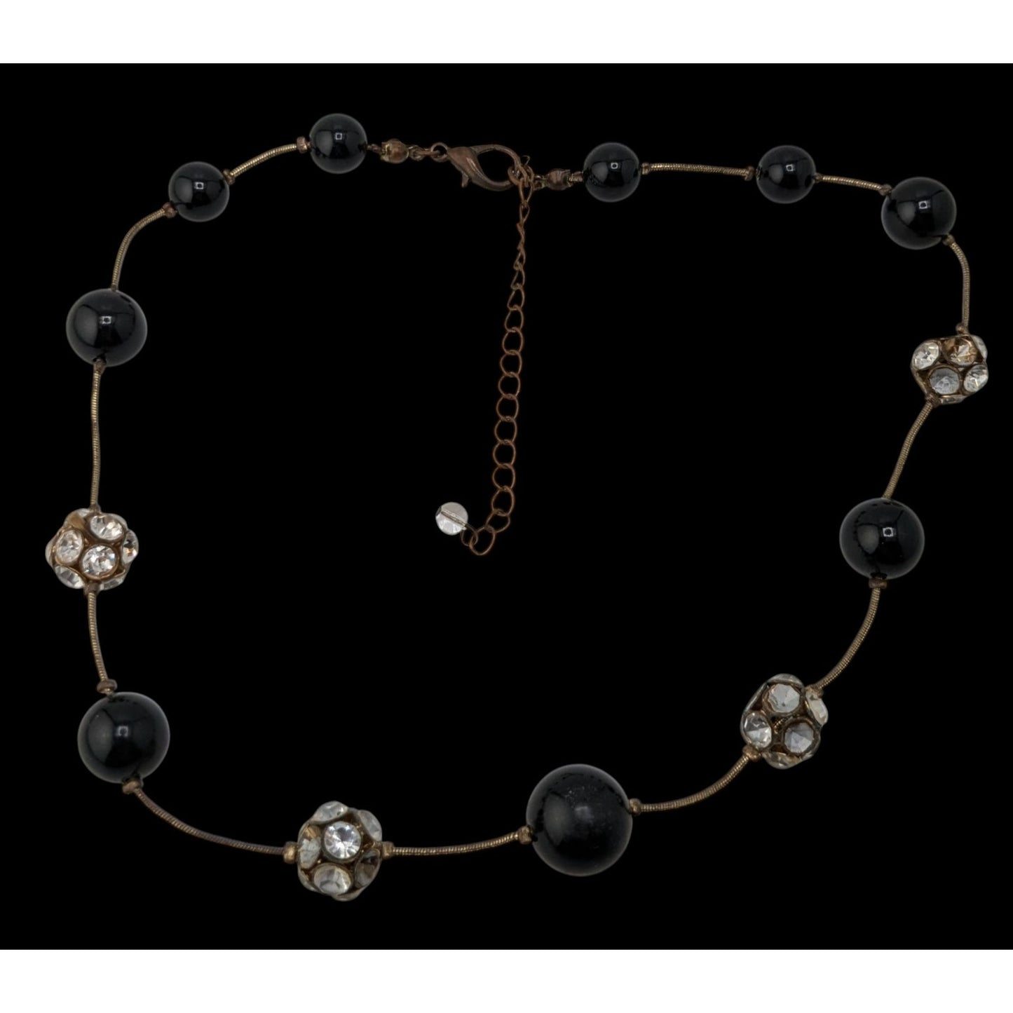 Black Silver Beaded Station Necklace Rhinestone Retro Glam Goth Jewelry
