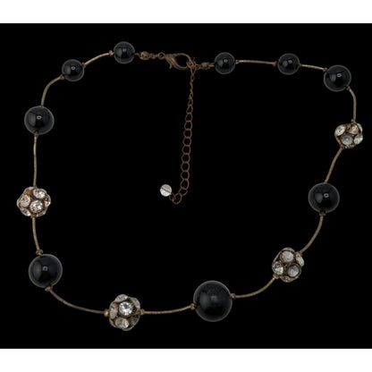 Black Silver Beaded Station Necklace Rhinestone Retro Glam Goth Jewelry