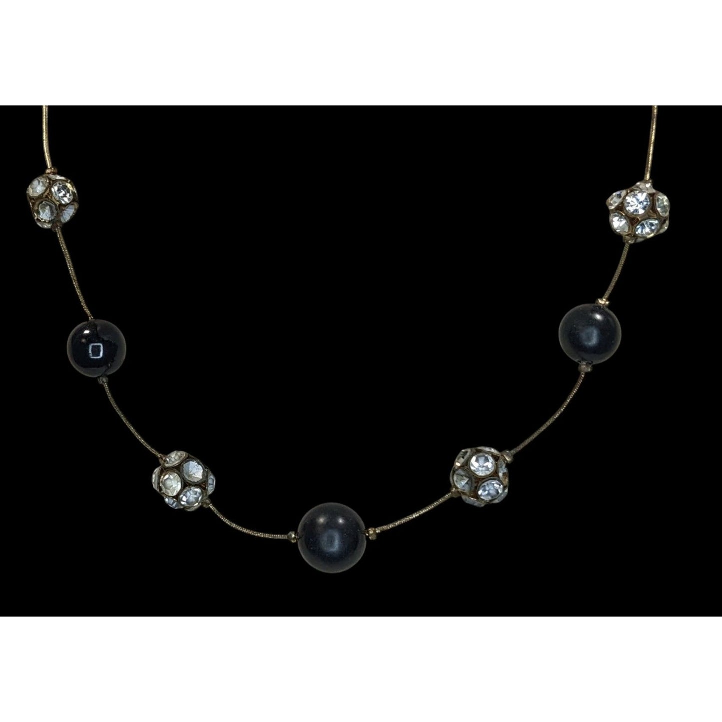 Black Silver Beaded Station Necklace Rhinestone Retro Glam Goth Jewelry