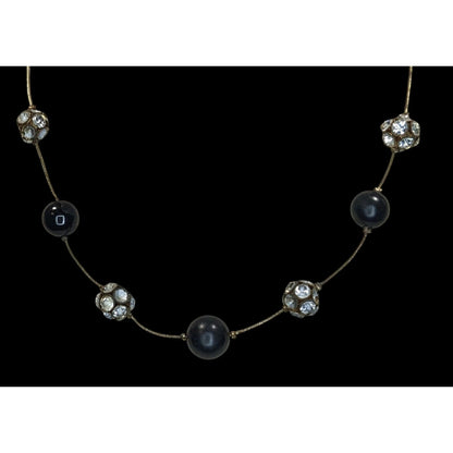 Black Silver Beaded Station Necklace Rhinestone Retro Glam Goth Jewelry