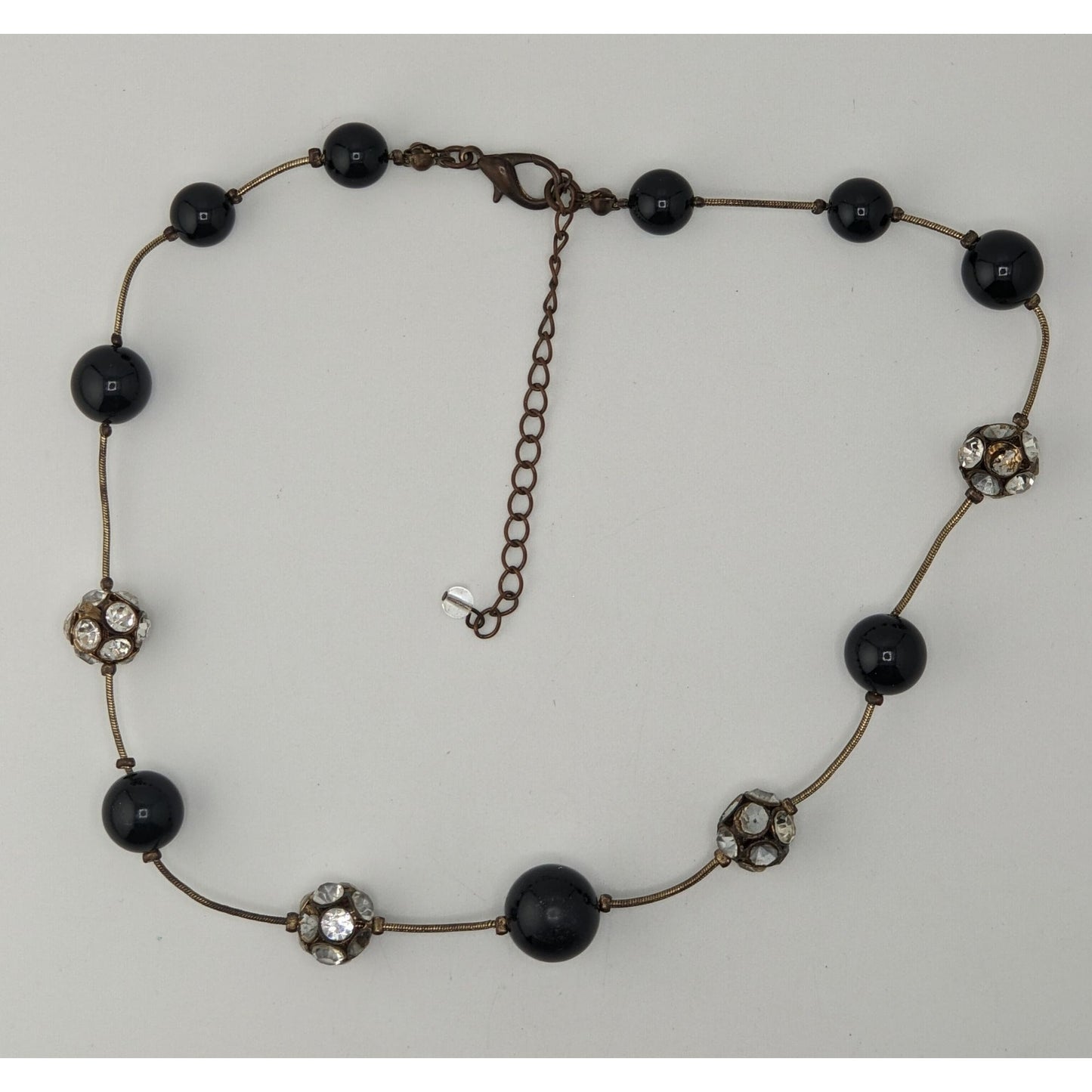 Black Silver Beaded Station Necklace Rhinestone Retro Glam Goth Jewelry