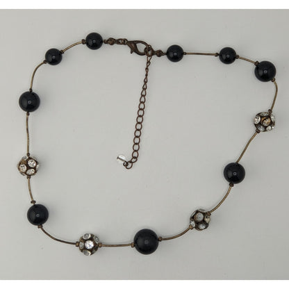 Black Silver Beaded Station Necklace Rhinestone Retro Glam Goth Jewelry