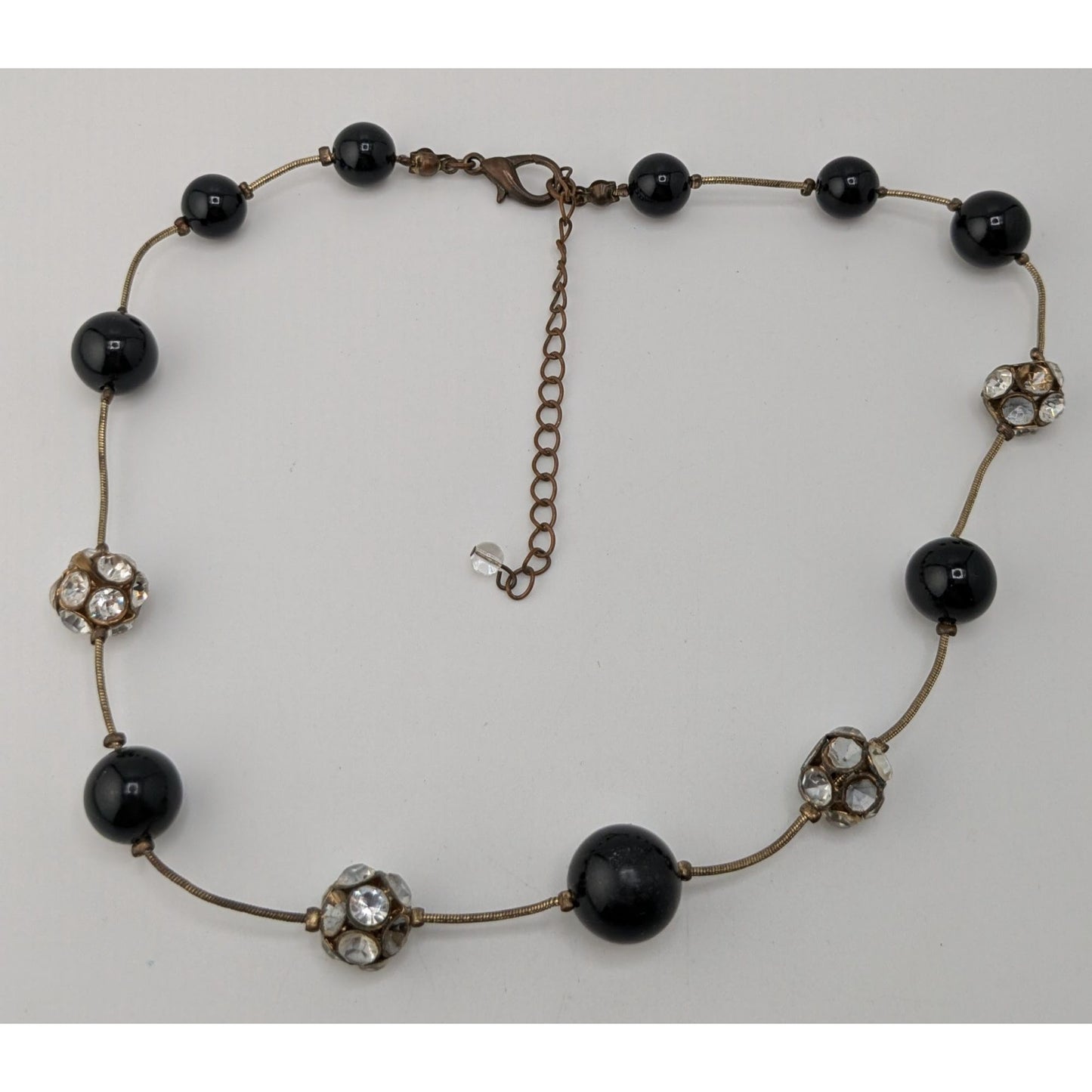 Black Silver Beaded Station Necklace Rhinestone Retro Glam Goth Jewelry