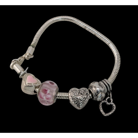 Coquette Romantic Girly Heart Charm Pink Beaded Snake Chain Bracelet