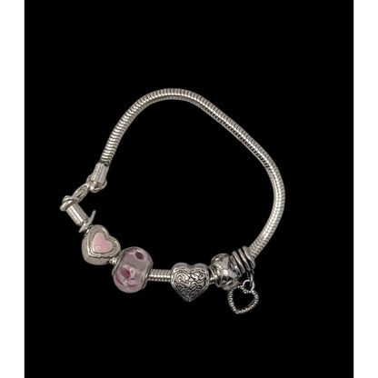 Coquette Romantic Girly Heart Charm Pink Beaded Snake Chain Bracelet