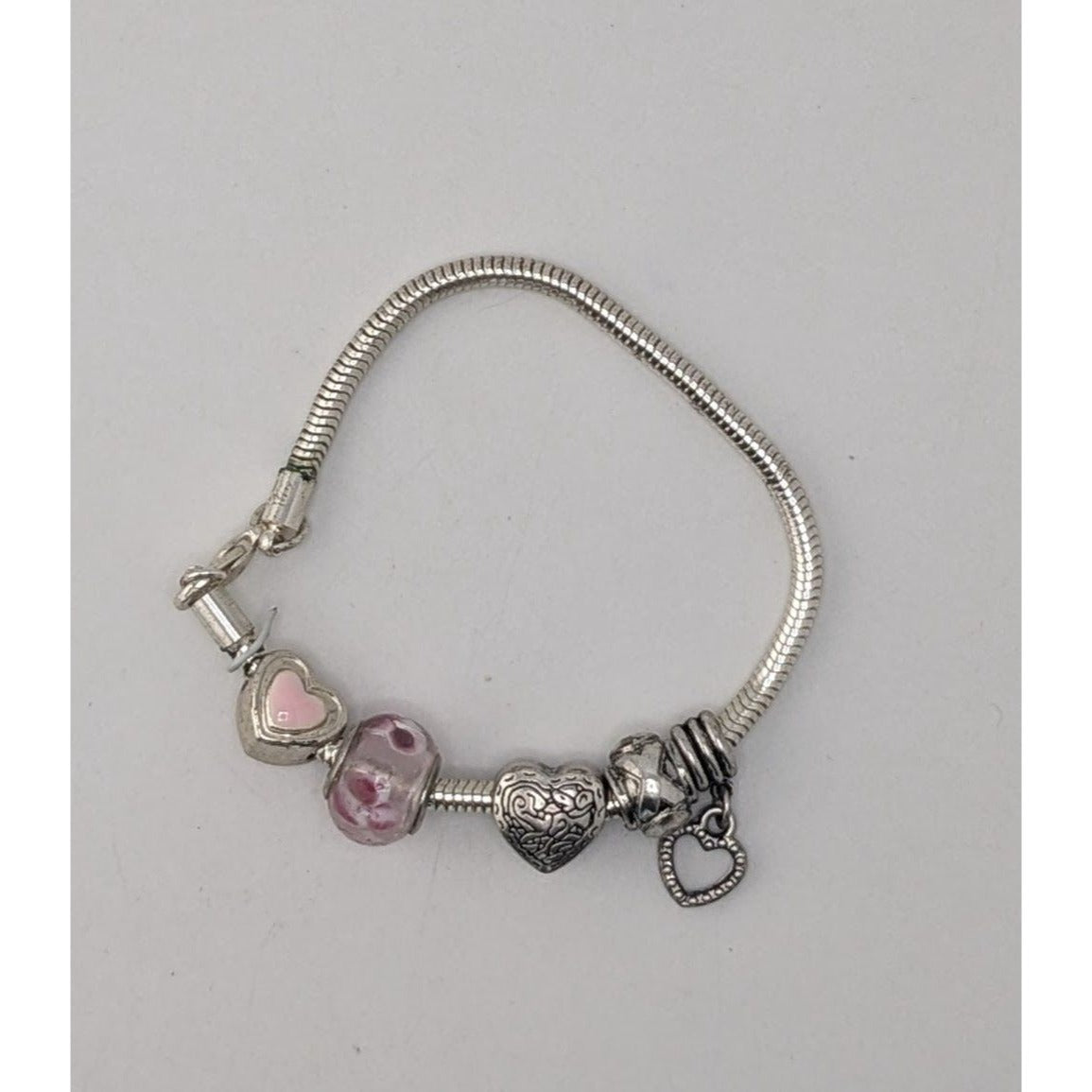 Coquette Romantic Girly Heart Charm Pink Beaded Snake Chain Bracelet
